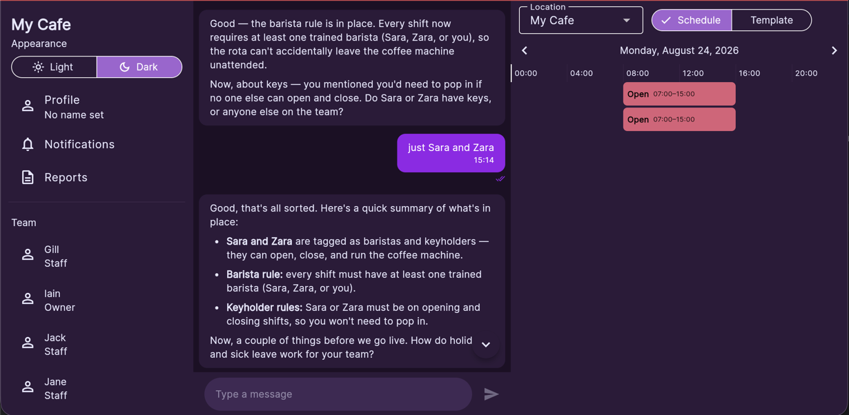 Kupa setting up a cafe's rota rules in chat, next to the week's schedule showing two open shifts.