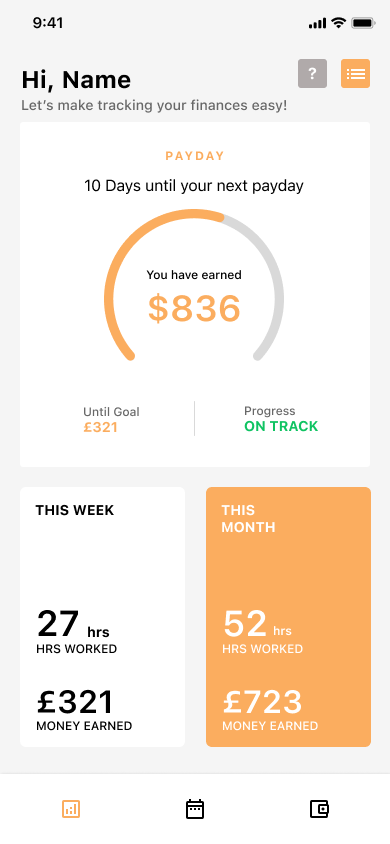 Shillings dashboard showing days until next payday, earnings so far, and progress towards a goal.